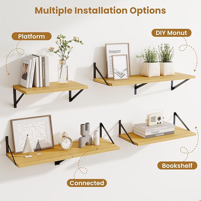 48inch Floating Shelves for Wall,10" Deep Floating Shelves with Metal Brackets,Wall Mounted Hanging Floating Shelf,Wide Display Shelves for Living Room,Bedroom,Office,Kitchen,Oak