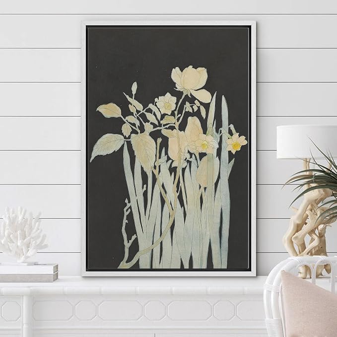 Woodrose Framed Canvas Print Wall Art Minimalist Floral Silhouettes Elegant Botanical Line Illustrations Modern Art Minimalist 3D Colorful Ultra for Living Room, Bedroom, Office - 16"x24" WHITE