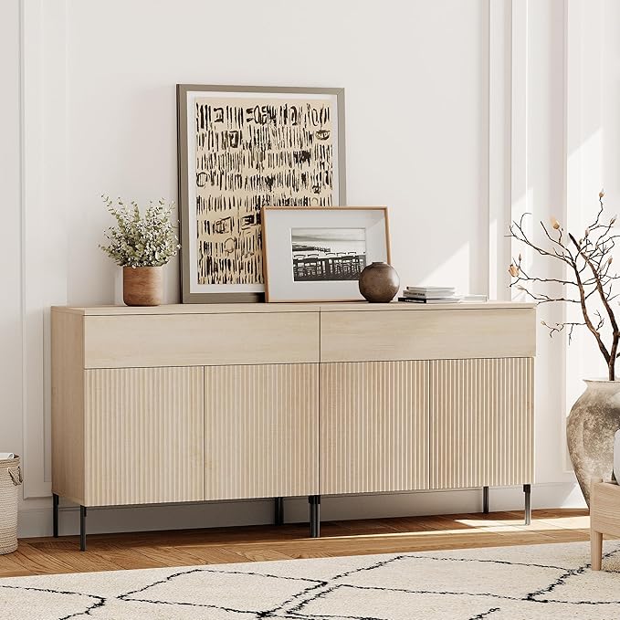 WAMPAT 63" W Large Sideboard Buffet Cabinet with Storage, 2 in 1 Fluted Sideboard Buffet with 4 Doors, Wooden Buffet Table, Coffee Bar Wine Bar Cabinet for Kitchen, Dining Room, Living Room, Beige