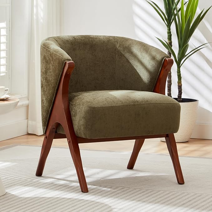 Merax Mid-Century Modern Accent Chair with Solid Wood A-Frame & Wrap-Around Backrest, High-Density Foam Cushion & Rounded Edges for Living Room, Reading Nook, Lounge Area (Green+Walnut)