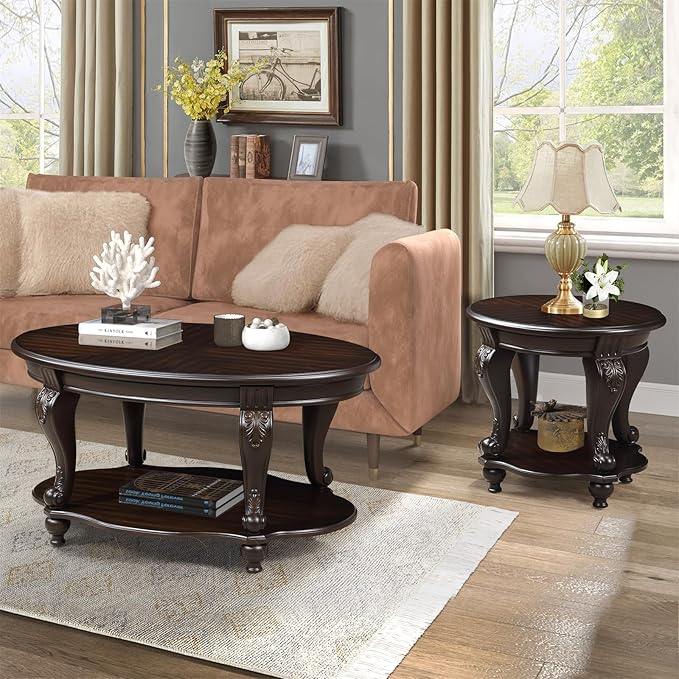 22'' Round End Table Solid Wood Sofa Side Table with Storage Shelf, Living Room Corner Table Retro Accent Table with Espresso Finish, Easy Assemble Round Bedside Table Night Stand for Small Space