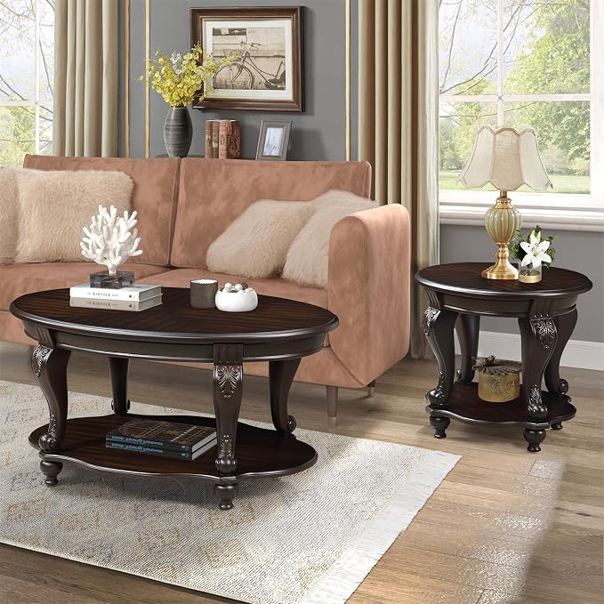 42'' Oval Wood Coffee Table for Living Room, Mid Century Farmhouse Round Coffee Tables for Apartment, Easy Assembly Traditional Coffee Table Centre Table Retro Cocktail Table, Espresso Color