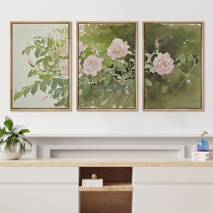 wall26 Framed Print Wall Art Set Blush Pink Rose Garden Botanical Decorative Minimal Relax/Zen for Living Room, Bedroom, Office - 24"x36"x3 Natural