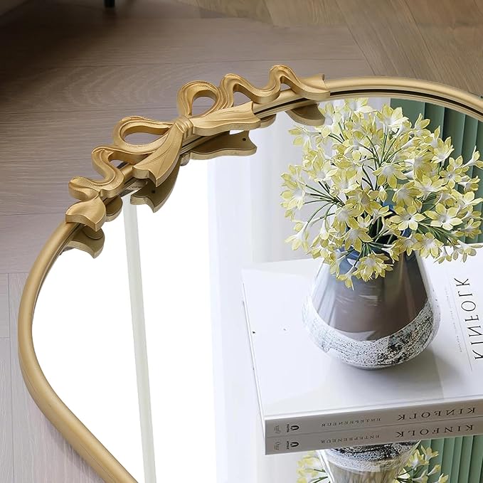 Besdomus Bow Arched Gold Mirror: 22"x30" Gold Antique Vanity Wall Mounted Mirror - Vintage Baroque Traditional Ornate for Bedroom/Bathroom/Makeup Vanity - Wall Decor for Teen Girl