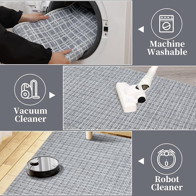 Washable Area Rug 9x12 Rug for Living Room Modern Geometric Large Area Rug for Bedroom Decor Plaid Grid Rug Non Slip Throw Rugs Low Pile Stain Resistant Carpet for Dining Room 9'x12' Grey