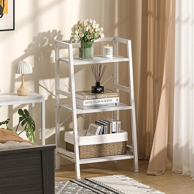 3-Tier Bookshelf, Ladder Shelf, Stand Up Shelves, Industrial Bookcase with Steel Frame, Metal Small Bookcase, for Living Room, Home Office, Kitchen, Bedroom, Industrial Style（White）