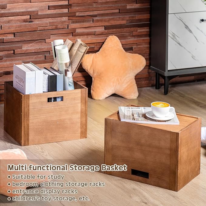 Menkxi 4 Pcs Stackable Wood Storage Cube for Shelves Closet Wooden Bins Box Wood Crates Storage Baskets Container for Toy Books Clothes Home Office, Dark Brown(14 x 10 x 10 Inch)
