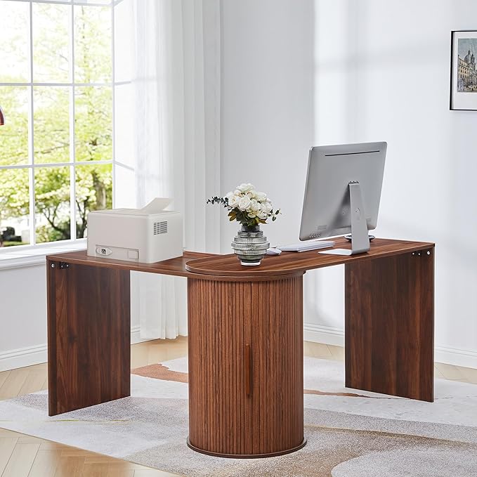 Fluted Computer PC Desk Table with Storage, Farmhouse Corner L Shaped Desk with Storage for Small Space, Modern Home Office Desk for Bedroom, for Writing, Executive, Study, Work - Walnut