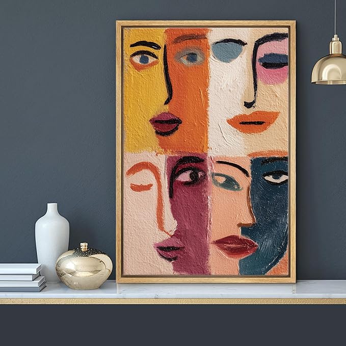 MUDECOR Framed Canvas Print Wall Art Abstract Color Block Faces Modern Portrait Illustrations Fine Art Mid-Century Modern Multicolor for Living Room, Bedroom, Office - 16"x24" NATURAL