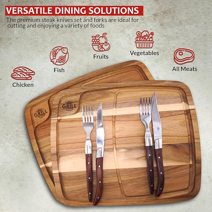 Grill Legacy Wooden Steak Plate Set (2 pack) - Complete Steak Plate for Eating with Premium Steak Knives and Forks - The Ultimate Gift for Steak Lovers.
