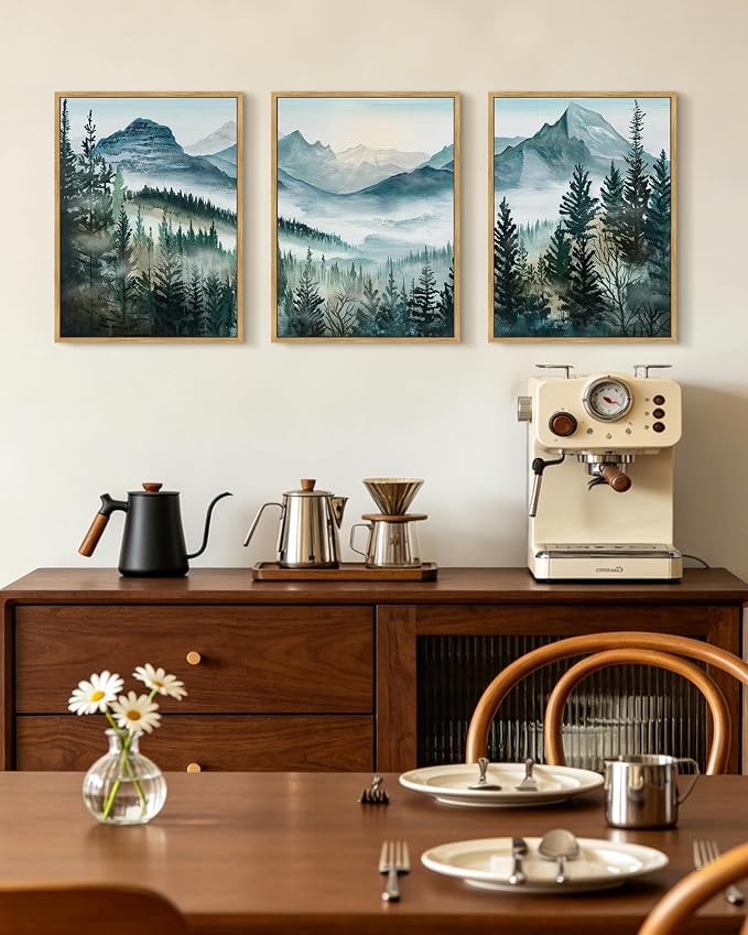 KUVIOKE Mountain Landscape Framed Wall Art Watercolor Nature Misty Forest Painting Vintage Farmhouse Rustic Wall Decor for Bedroom Hallway 12x16in (Natural Framed)