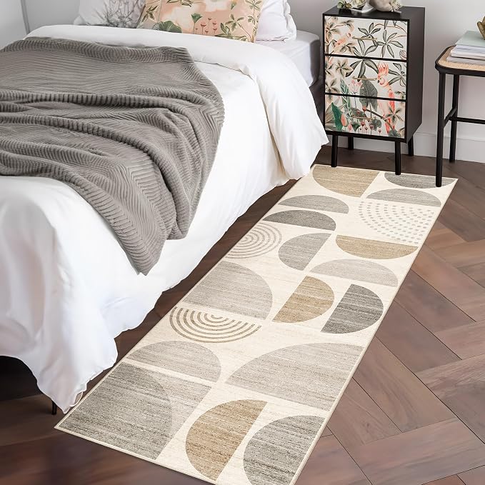 MUJOO Boho Runner Rug Washable,2x6 Area Rugs for Hallways Kitchen Bathroom Bedroom Entryway,Non Slip Carpet Long Mat Indoor,Soft Modern Abstract Bohemian Neutral Beige