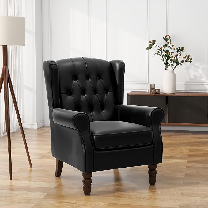 Faux Leather Accent Chair, High Back Wingback Chair Upholstered Armchair for Living Room, Comfy Single Sofa Bedroom Reading Seat with Solid Wood Legs - Black