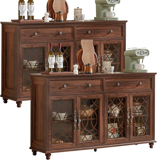 Farmhouse Sideboard Buffet Cabinet Set of 2 with Storage,59" Large Credenza with 4 Glass Door & 2 Drawers,Adjustable Shelves Console Table,Wood Kitchen Coffee Bar for Dining Room,Brown