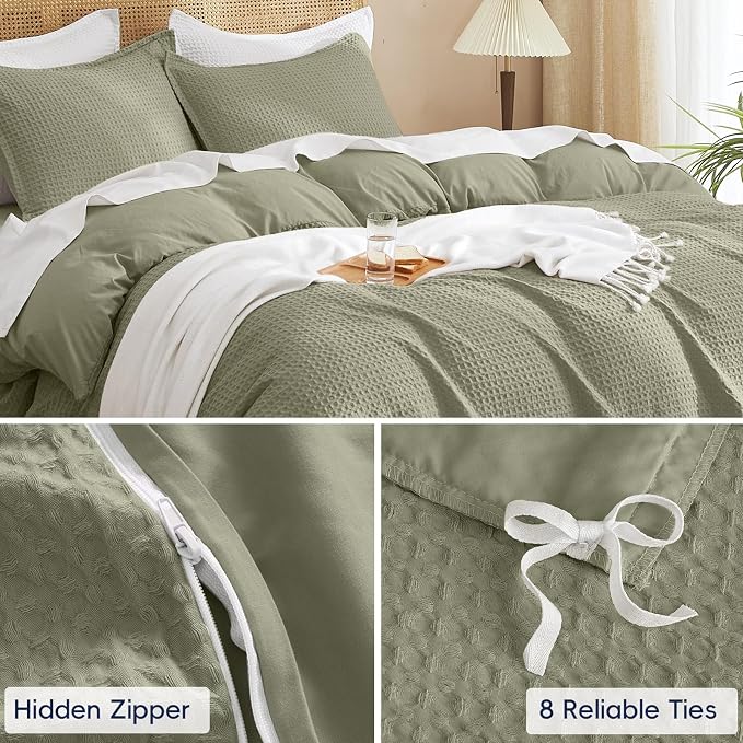 PHF Waffle Duvet Cover Set Queen Size, No Snagging Ultra Soft Luxury Textured Breathable Comforter Cover for All Season 3pcs, Durable Bedding Duvet Set with 2 Pillow Shams, 90"x90", Dusty Sage