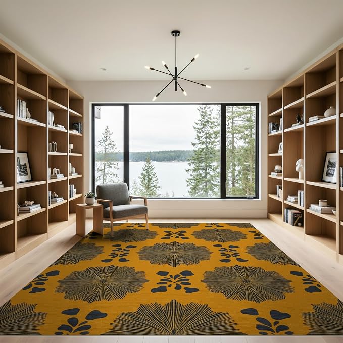 9'x12' Washable Geometric Floral Oversized Rug, Black Non-Shedding Pet Friendly Carpet for Master Suite, California King, Under Bed, Foldable Easy Care Mat | Ref:2229843