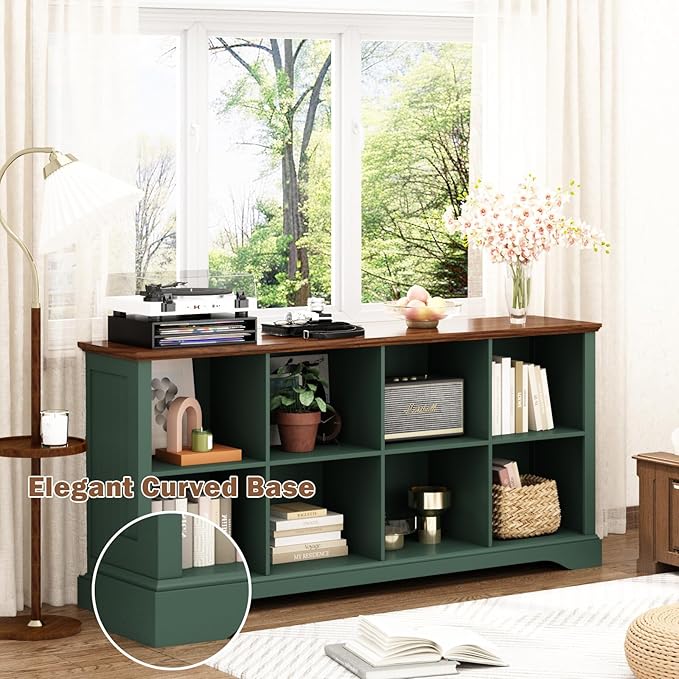 8 Cube Storage Organizer - 62" Long Farmhouse Wood Low Bookshelf, Horizontal Open Shelf Bookcase Cubby Storage Console Cabinet for Living Room, Entryway, Office, Green