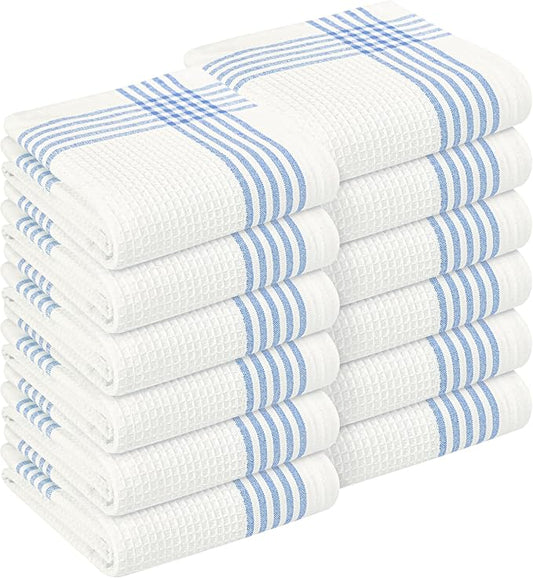 Waffle White & Sky Blue Kitchen Towels 12 Pack, 100% Cotton 16x26 inches, Quick Dry Bar Mop Towel, Super Absorbent Wash Cloths for Cleaning, Drying Dishes, Long Lasting Dishcloth