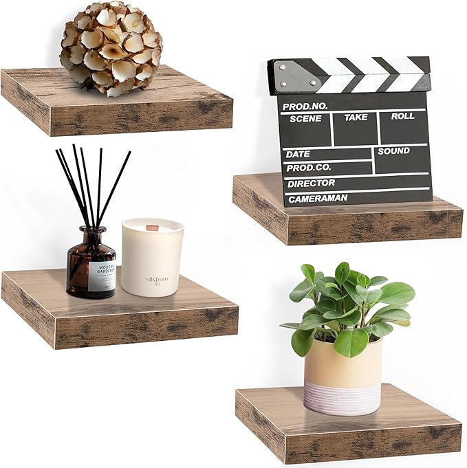 Sorbus 9X9 Inch Floating Shelves for Wall – Square Floating Shelf with Invisible Mounting Bracket for Kitchen, Bedroom, Living Room & Bathroom Decor – Rustic Showcase Wall Shelf (Mahogany, 4 Pack)