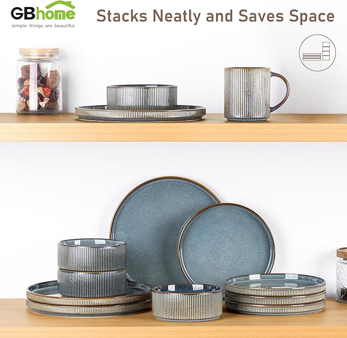 GBHOME 18-Piece Stoneware Dinnerware Set for 6 – Ribbed Ceramic Plates and Bowls, Scratch-Resistant, Microwave & Dishwasher Safe, Reactive Glaze, Deep Ocean