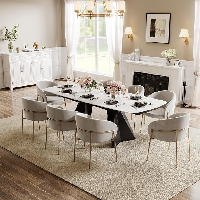 Expandable Dining Table with Leaf, 65"-95" Rectangular Sintered Stone, Marble-Look Top, Seats 6-12, Metal Base, Easy-Clean, Heat & Scratch Resistant, Dining Room/Kitchen Table for Family Gatherings