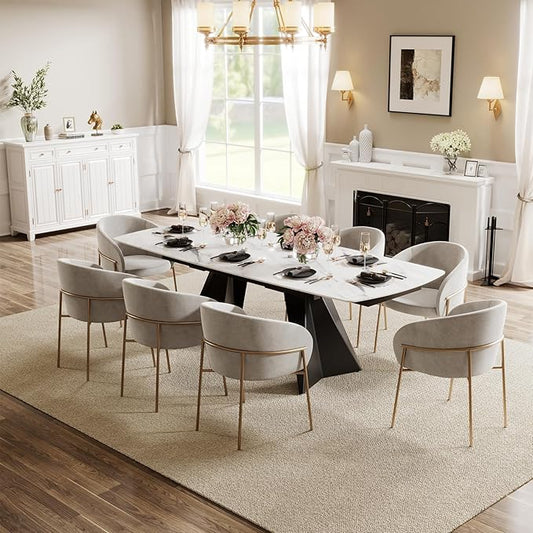 Expandable Dining Table with Leaf, 65"-95" Rectangular Sintered Stone, Marble-Look Top, Seats 6-12, Metal Base, Easy-Clean, Heat & Scratch Resistant, Dining Room/Kitchen Table for Family Gatherings