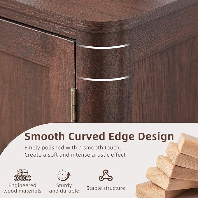 Sideboard Buffet Cabinet with Storage, 46" Arc-Shaped Credenza with 3 Doors & Adjustable Shelves, Mid Century Modern Coffee Bar Cabinet for Kitchen, Living Room, Entryway, Walnut