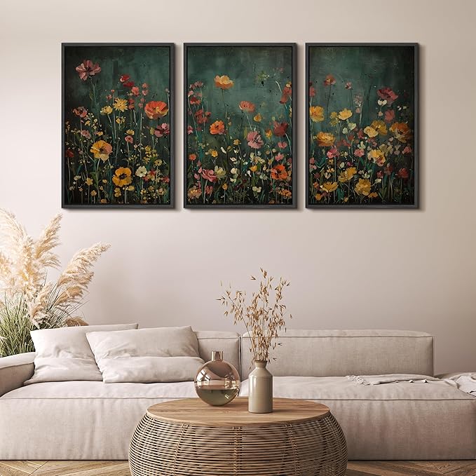 MUDECOR Framed Wall Art Print Set Vintage Wildflower Meadow with Colorful Blooms Illustrations Modern Art Boho Decorative Colorful Chic for Living Room, Bedroom, Office - 24"x36"x3 Black