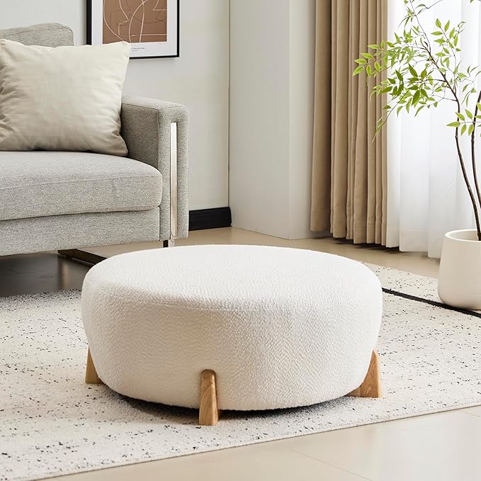 Christopher Knight Home Tatia Modern Boucle Upholstered Ottoman Coffee Table, Multi-Functional Sofa Footrest with Wooden Frame, Extra Seating for Living Room, Bedroom, Entryway, White+Natural