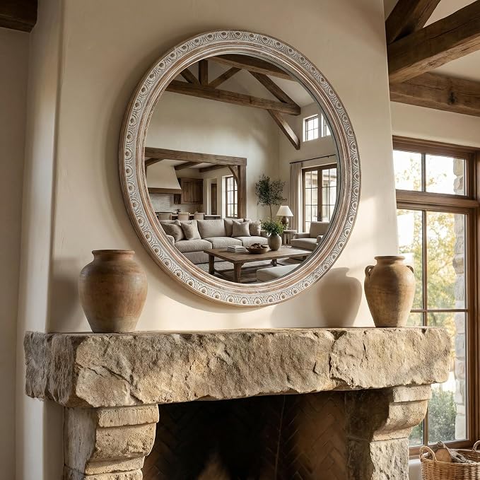 23.62'' Ornate Round Wall Mirror with Distressed Frame & Pre-Installed Hanging, Decorative Mirror with Large Reflective Surface for Bathroom Bedroom Living Room, Ancient White