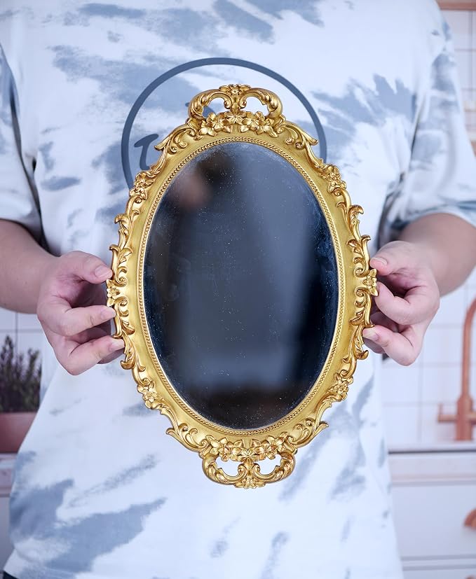 Tstarer 2 Pack - Vintage Decorative Gold Framed Mirror, Wall Hanging Mirrors & Tabletop Tray for Bedroom Living Room Dresser Decor, Oval- 9.6" W x 14.3" L (GOLD-2PACK)