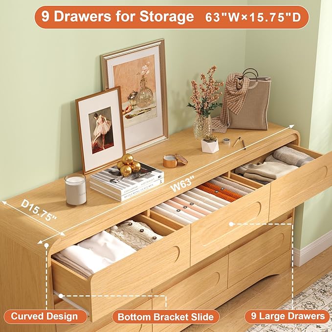 Dresser for Bedroom with 9 Drawers, 63" Long Modern Wood Chest of Drawers with Pre-Installed Slides, Large Storage Cabinet with Curved Design for Bedroom, Natural Oak