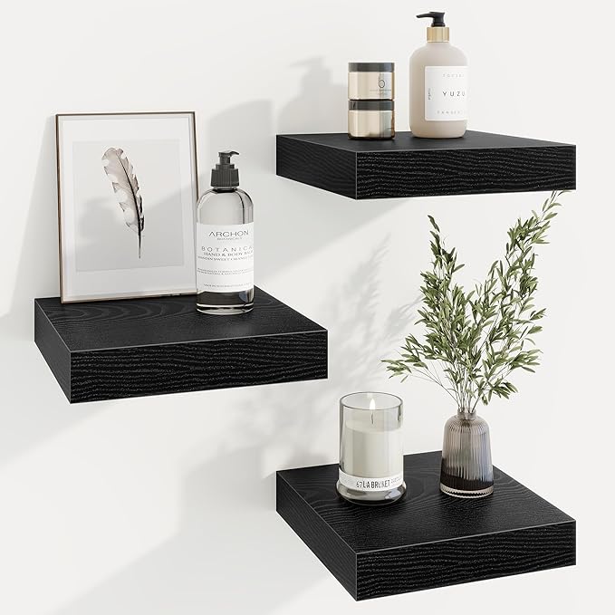 Square Floating Shelves for Wall, 10"W x 10"D x 1.25"H, 3 Packs Small Wall Mounted Engineered Wood Shelves with Invisible Brackets for Living Room, Bedroom, Bathroom, Kitchen Decor, Black