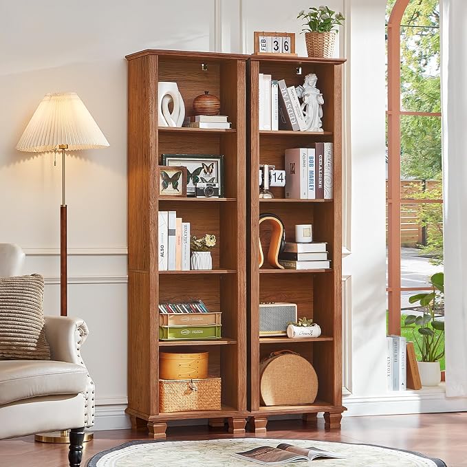 SAVOR LIFE Narrow Brown Book Shelf, 70" Tall Skinny Bookshelf with Adjustable Shelves & Wooden Legs, Farmhouse Wood Bookcase w/5-Tier Open Storage, Free Standing Book Case for Office,Living Room,3PCS