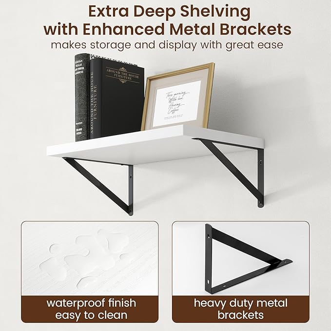 Axeman Deep Floating Shelves - 20 Inch White Floating Shelves Set of 2-12 Inch Deep Wood Wall Shelves for Living Room Bathroom Kitchen