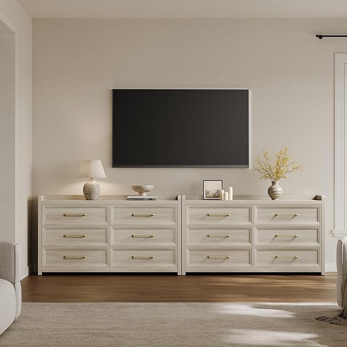 SICOTAS 6 Drawer Dresser for Bedroom-112.8" Extra-Wide Wooden Chest of Drawers with Large Storage, Long Dresser TV Stand with Drawers, Farmhouse Closet Dressers for Nursery, Grey White Oak, 2PCS