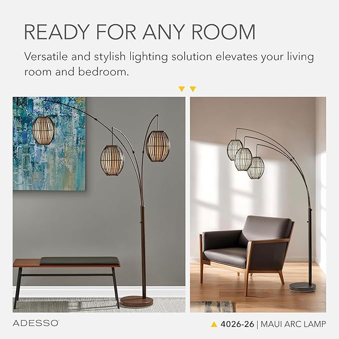 Adesso Maui Arc Floor Lamp with 3 Movable Shades & Adjustable Height- Perfect Lighting for Bedroom, Living Room and Corner Decor, Antique Bronze