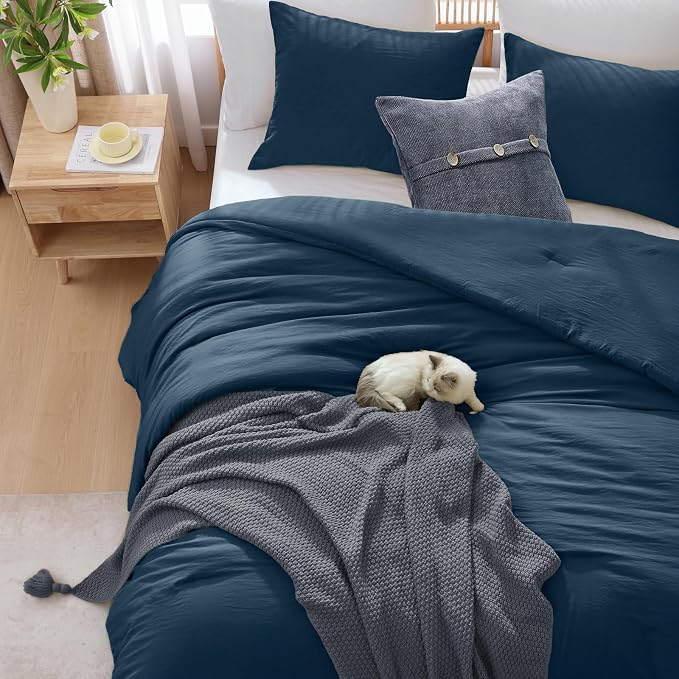 WRENSONGE Full Size Comforter Sets - 3 Pieces Serenity Blue Comforter Prewashed Soft Lightweight for All Seasons, Fluffy Down Alternative Comforter Full Size with 2 Pillow Shams