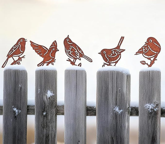 5PCS Rusty Birds Decoration, Outdoor Birds Wall Decor, Backyard Garden Decor for Outside, Rustic Yard Fence Decorations - Metal Yard Art, Birds Craft Sculptures and Statues Ornaments, Robins