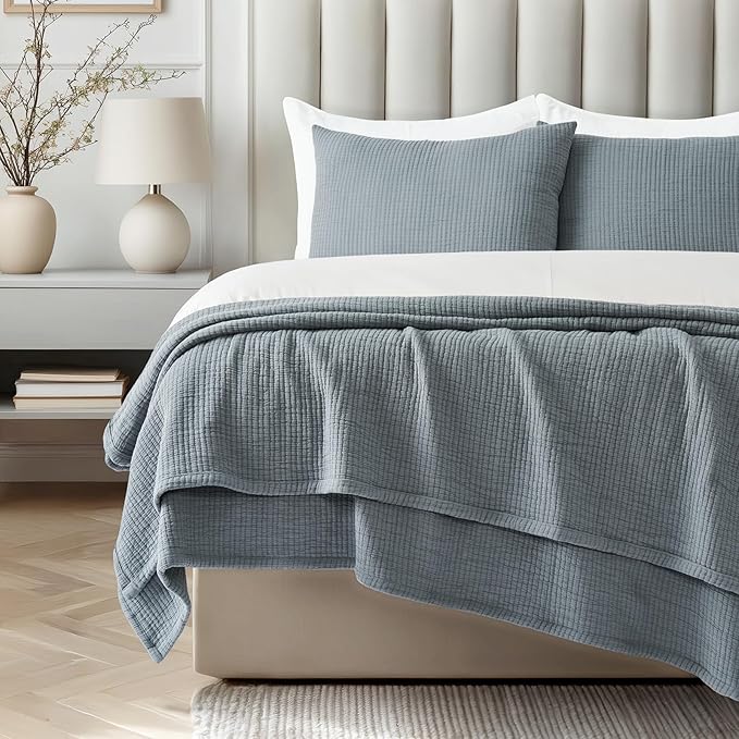 EVERGRACEHOME Cotton Gauze King Bedspread, Ultra Soft Prewashed Pick Stitch Matelassé Coverlet, Lightweight Textured Oversized King Quilt Bedding Set for All Season, with 2 Shams, Dusty Blue