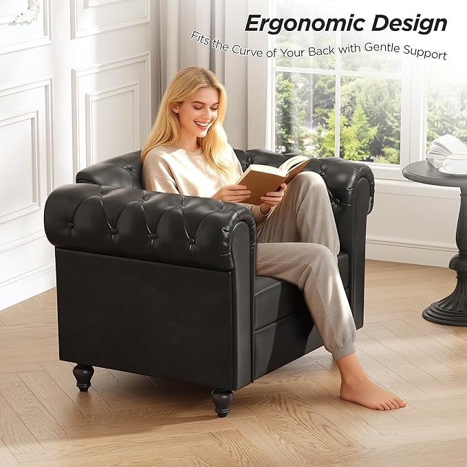 Black Faux Leather Accent Chairs, Button-Tufted Upholstered Club Chair Retro Armchairs, Mid Century Modern Accent Chair with Solid Wood Legs, Cozy Chesterfield Couch Chairs for Living Room, Bedroom
