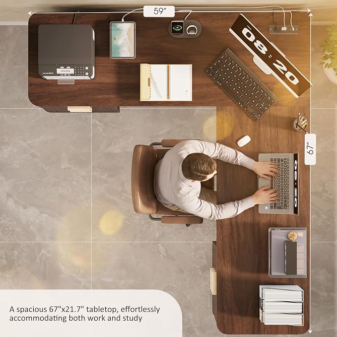 67" Fluted L Shaped Desk with File Drawer, Executive Home Office Desk with Power Outlet & Type-C Port, Corner Computer Desk with 3 Storage Drawers and Cabinet, Writing Desk for Study, Walnut