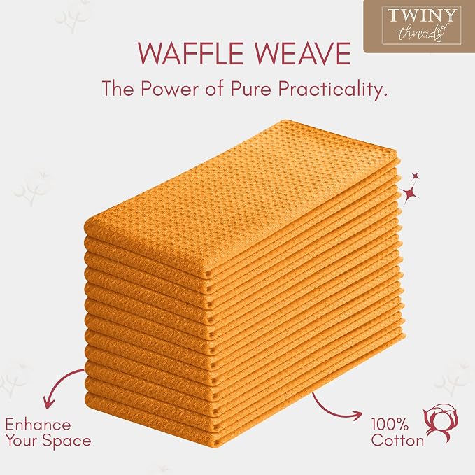 TWINY threads Kitchen Towels Set of 4, 100% Soft Cotton Waffle Weave Dish Towels with Hanging Loop, Reusable for Table Cleaning, Dinning, Parties - 16"x26" - Mustard Yellow
