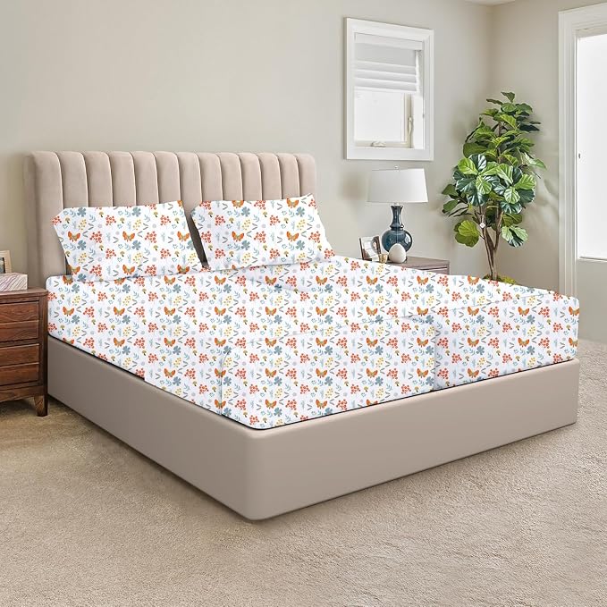 SGI Split King Sheet Set for Adjustable Bed Egyptian Premium Cotton 600 Thread Count Sheets for Sleep Number Bed 15" Deep Pocket 5 Pc Set with 2 Twin XL Fitted Sheets Soft Breathable -Butterfly Garden