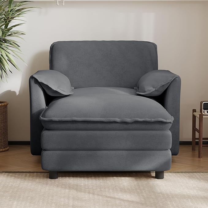 Oversized Chaise Lounge Chair Indoor with Ottoman, Firm Solid Wood Frame with Long Service Life Chenille Oversized Lounge Reading Chair for Study Room - Grey