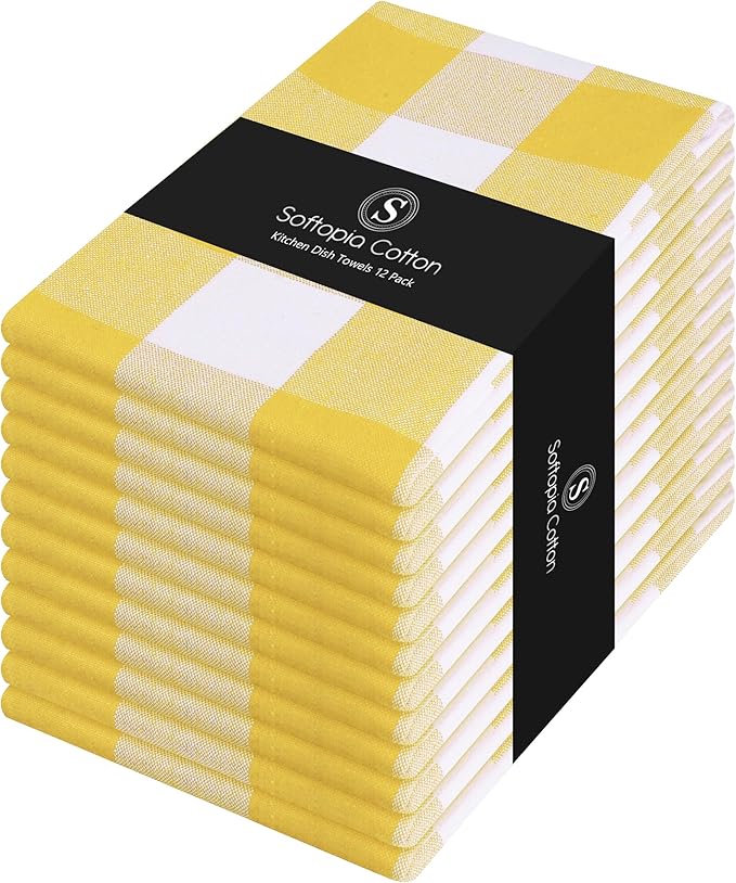 Buffalo Check Kitchen Towels, 16x26 Inches, 4 Pack Plaid Tea Towels, Reusable Cotton Dish Cloths, Quick Drying, Absorbent Towel for Cooking, Drying Dishes, Lemon Yellow and White