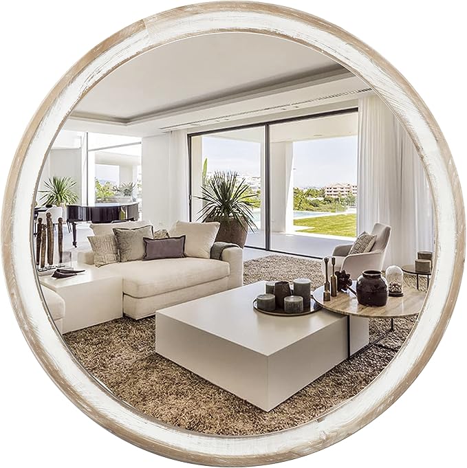 Reflinto 24 Inch Rustic Farmhouse Round Mirror for Wall Decor, | Whitewashed Wooden Circle Mirrors for Bathroom Over Sink, Bedroom, Entryway, Living Room, Kitchen, Office