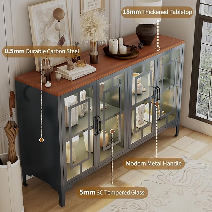 53" Glass Sideboard Buffet Cabinet with COB Lights, Adjustable Shelves, Modern Metal-Wood Buffet Table with Storage, Lighted Coffee Bar Display Cabinet for Dining Room Kitchen, Blue
