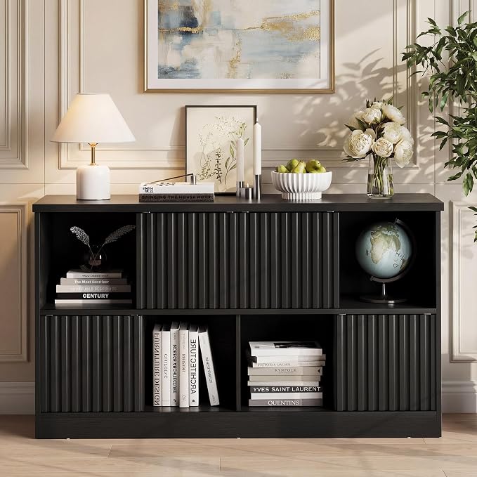 Einhomn 8 Cube Storage Organizer with Sliding Doors, Modern Fluted Bookshelf with Storage Cabinet, Wooden Bookcase with 4 Open Shelves for Living Room, Home Office, Bedroom, Black