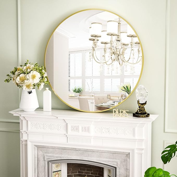 VooBang Gold Round Bathroom Mirror, 28 inch Circle Wall Mounted Hanging Mirror with Simple Modern Circular Metal Frame for Hallway, Entryway, Living Room, Gold Frame